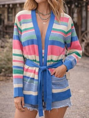 Vintage 70s- Spring Colors Striped Belted Cardigan - with original tags